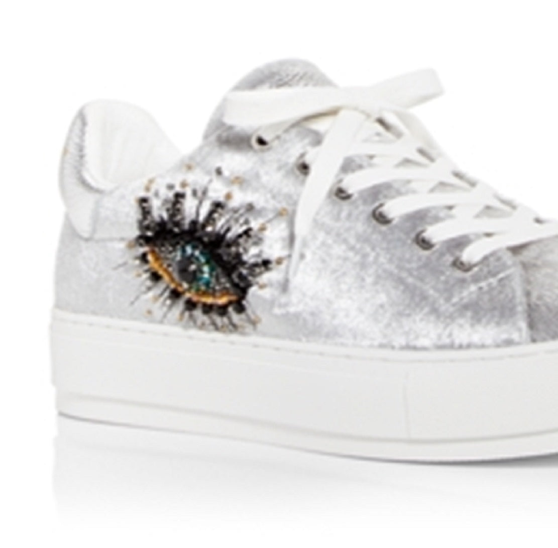 Kurt Geiger London Women's Laney Eye Embellished Platform Low Top Sneakers Silver Size 8 M