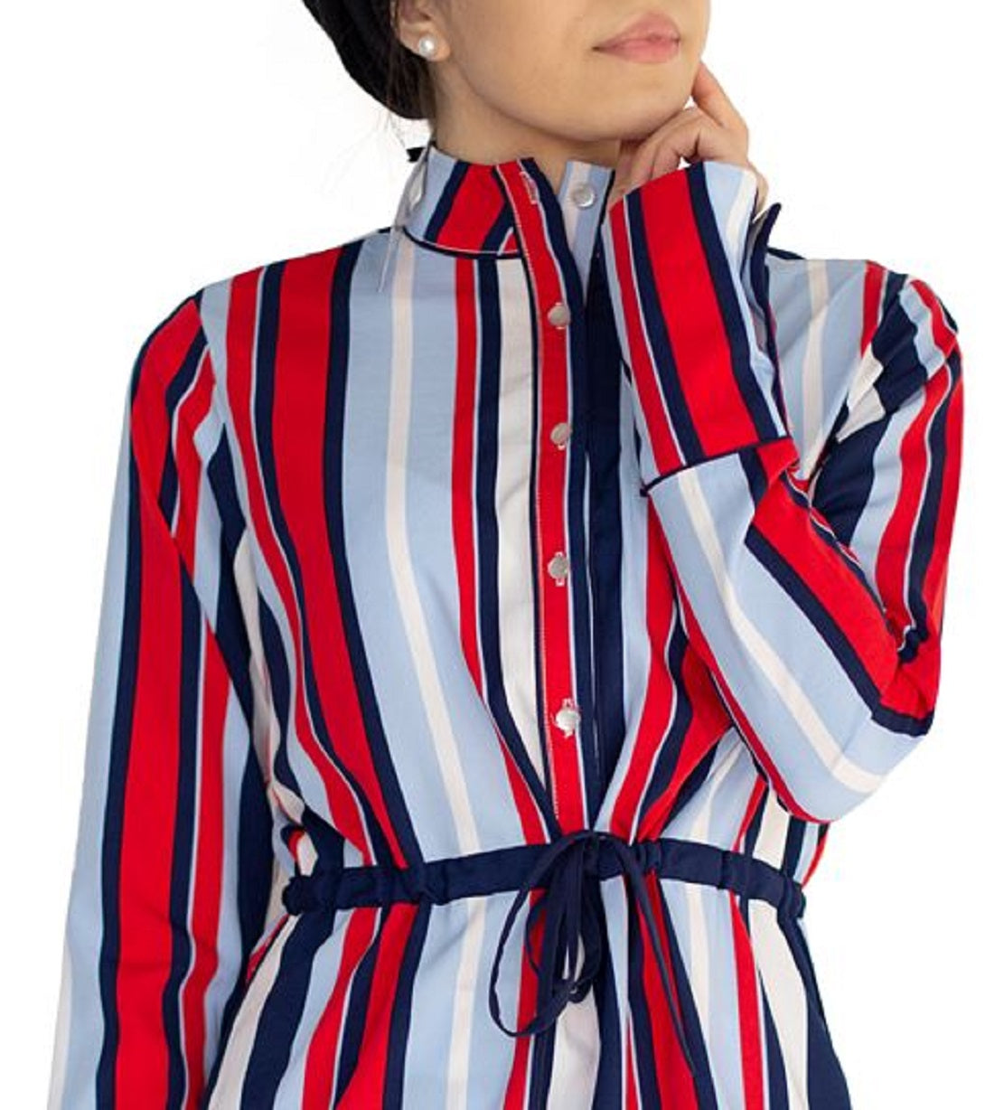 Verona Women's Giorgia Striped Stand Collar Tunic Top Red Size Large