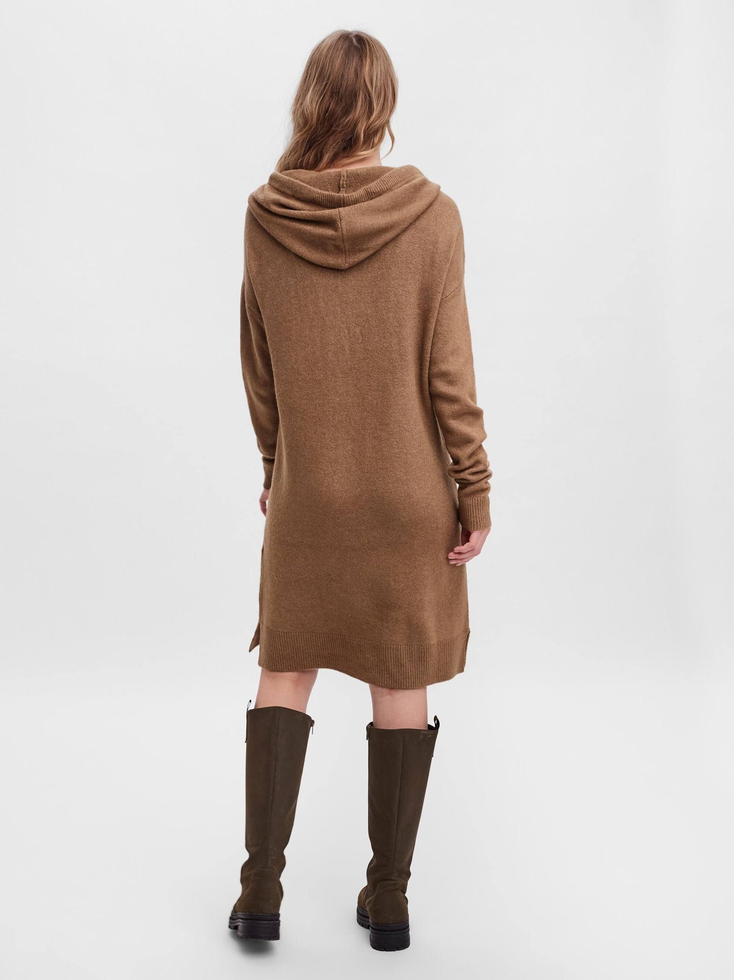 VERO MODA Women's Lefile Hooded Long Sleeve Sweater Dress Brown