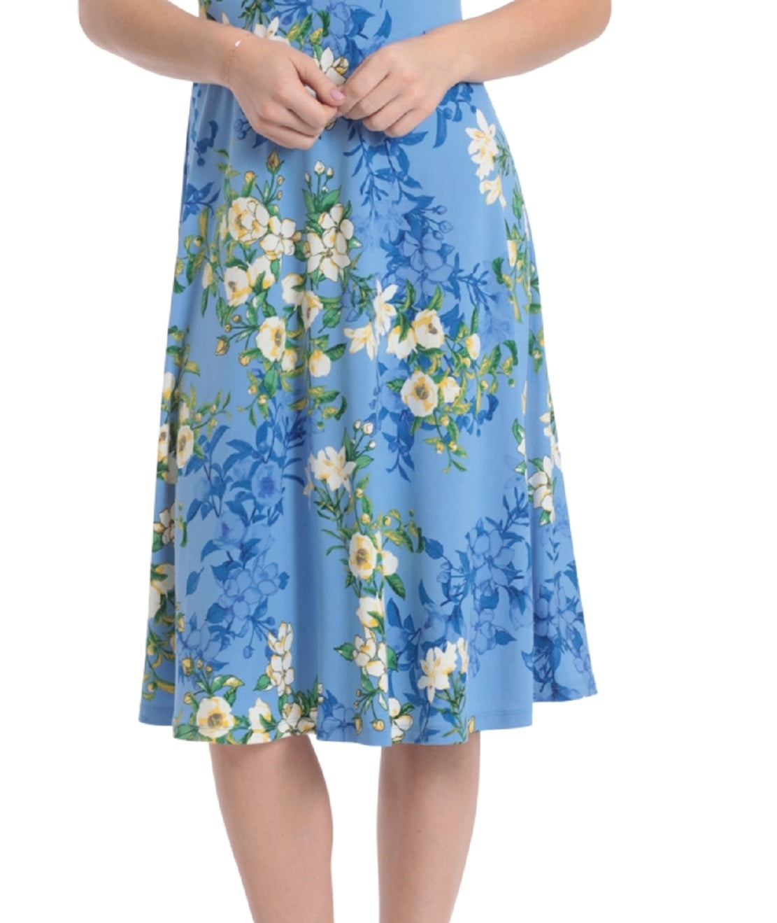 London Times Women's Floral Print Pleated Keyhole Neck Midi Dress Blue Size 8