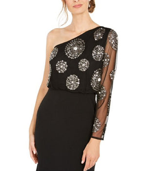 Adrianna Papell Women's Beaded One Shoulder Gown Black Size 12