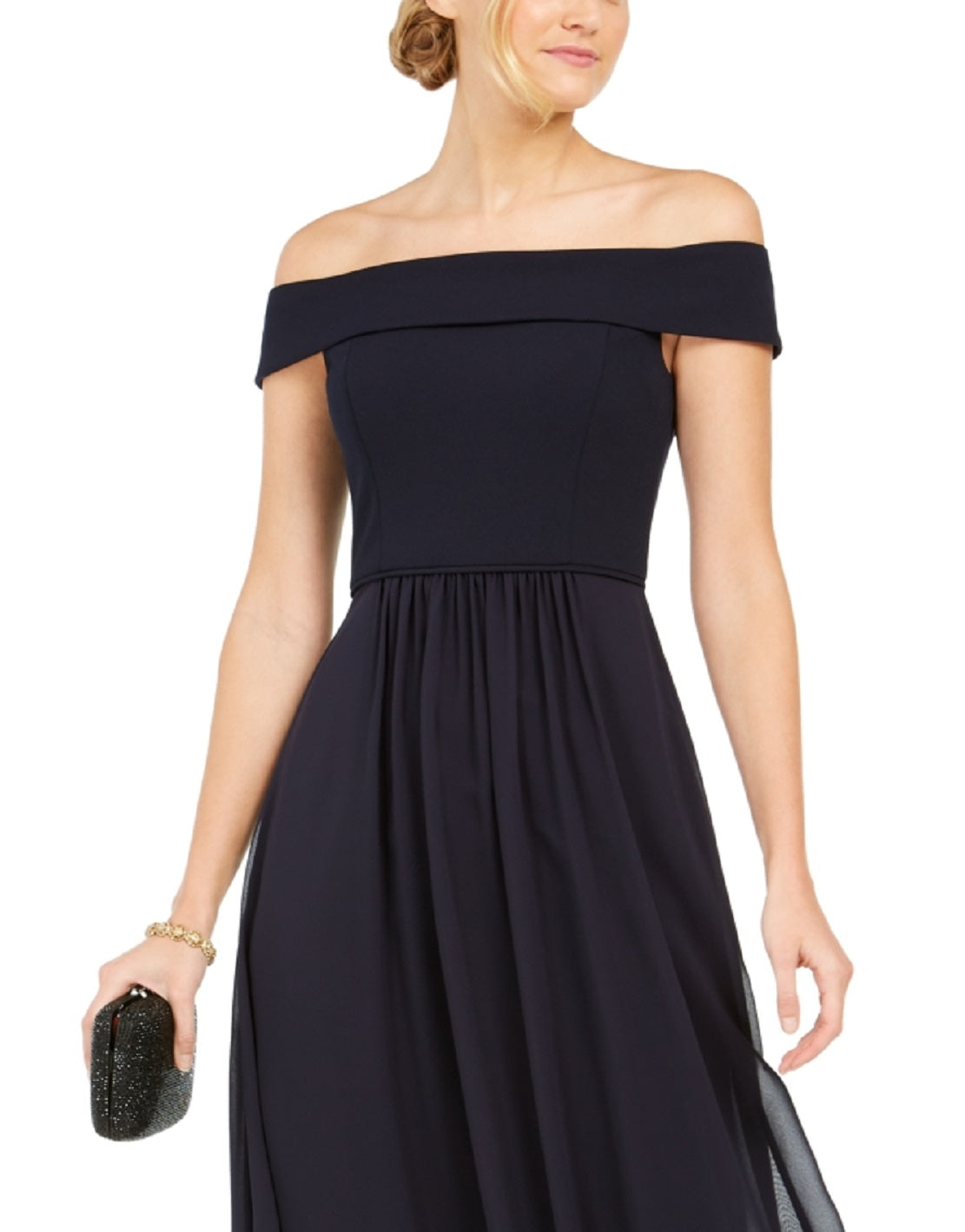 Adrianna Papell Women's Off The Shoulder Chiffon Gown Blue Size 12