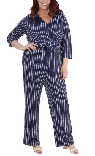 NY Collection Women's 3/4 Sleeve Sash Belt Jumpsuit Blue Size 3X