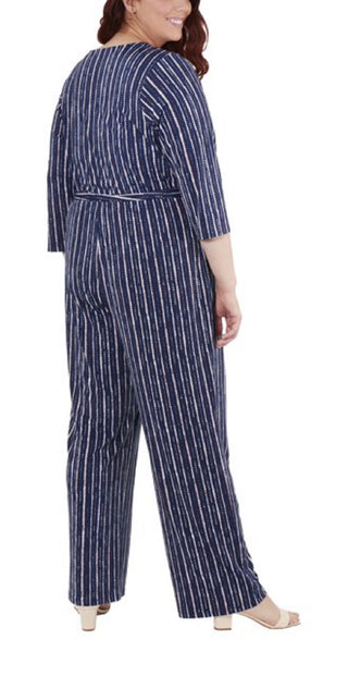 NY Collection Women's 3/4 Sleeve Sash Belt Jumpsuit Blue Size 3X