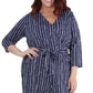 NY Collection Women's 3/4 Sleeve Sash Belt Jumpsuit Blue Size 3X