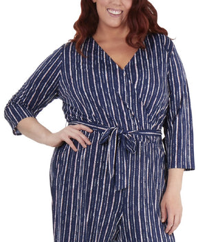 NY Collection Women's 3/4 Sleeve Sash Belt Jumpsuit Blue Size 3X