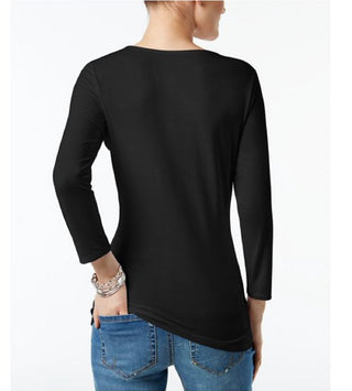 INC International Concepts Women's Criss Cross Front 3/4 Sleeves Pullover Top Black Size X-Small