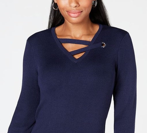 JM Collection Women's Grommet Trim V Neck Top Blue Size Medium