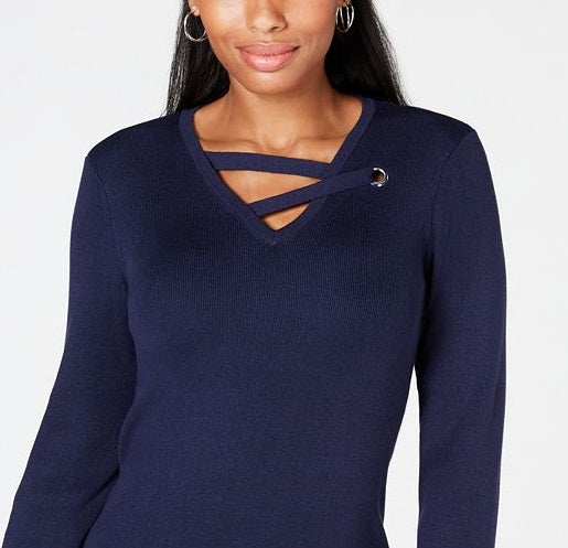 JM Collection Women's Grommet Trim V Neck Top Blue Size Large
