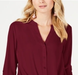 INC International Concepts Women's Twist Front Split Neck Button Down Top Red Size Small