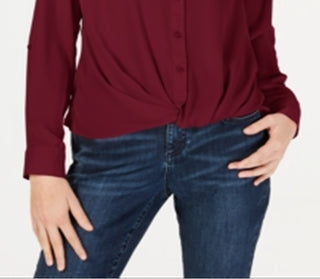 INC International Concepts Women's Twist Front Split Neck Button Down Top Red Size Small