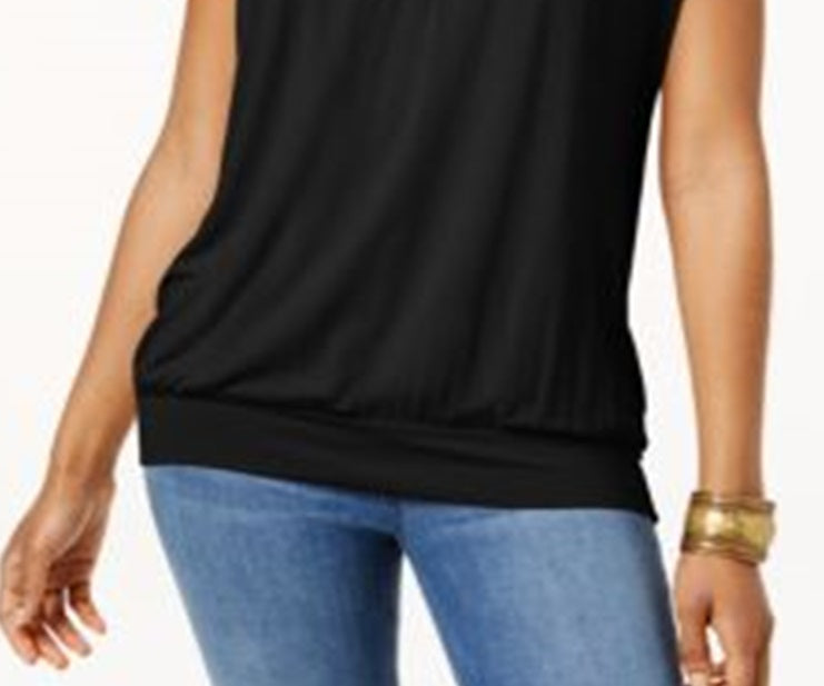 JM Collection Women's Cap Sleeve V Neck Top Black Size Small