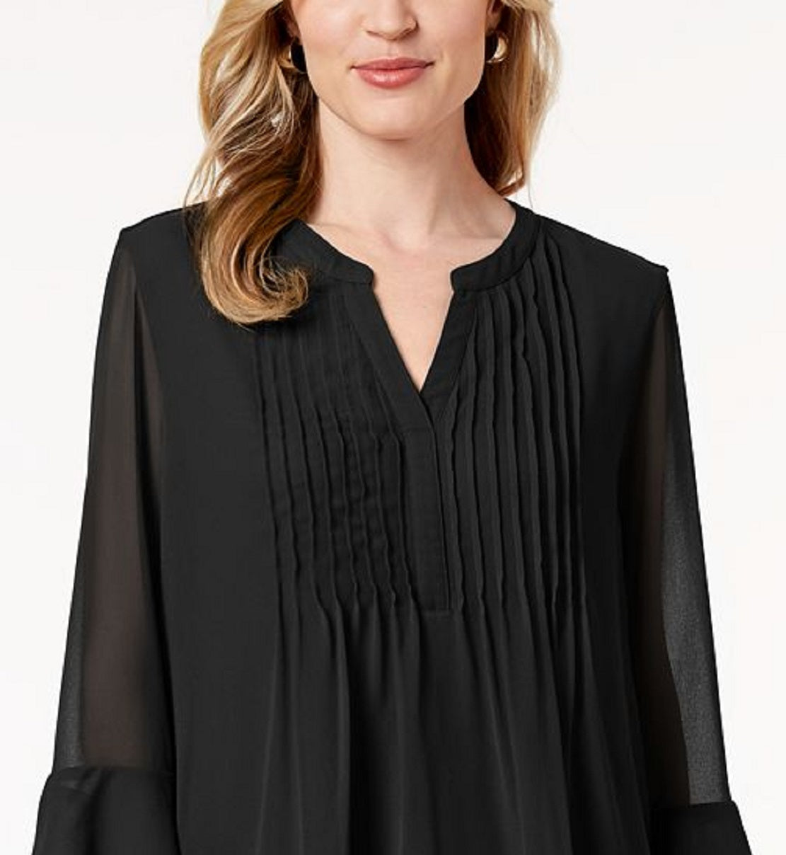 Charter Club Women's Double Ruffle Solid Pintuck Top Black Size Small