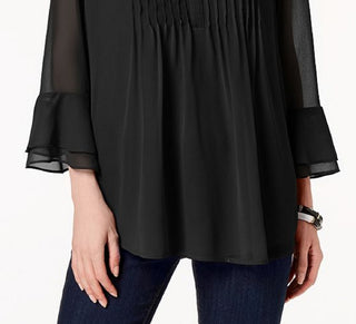 Charter Club Women's Double Ruffle Solid Pintuck Top Black Size Small