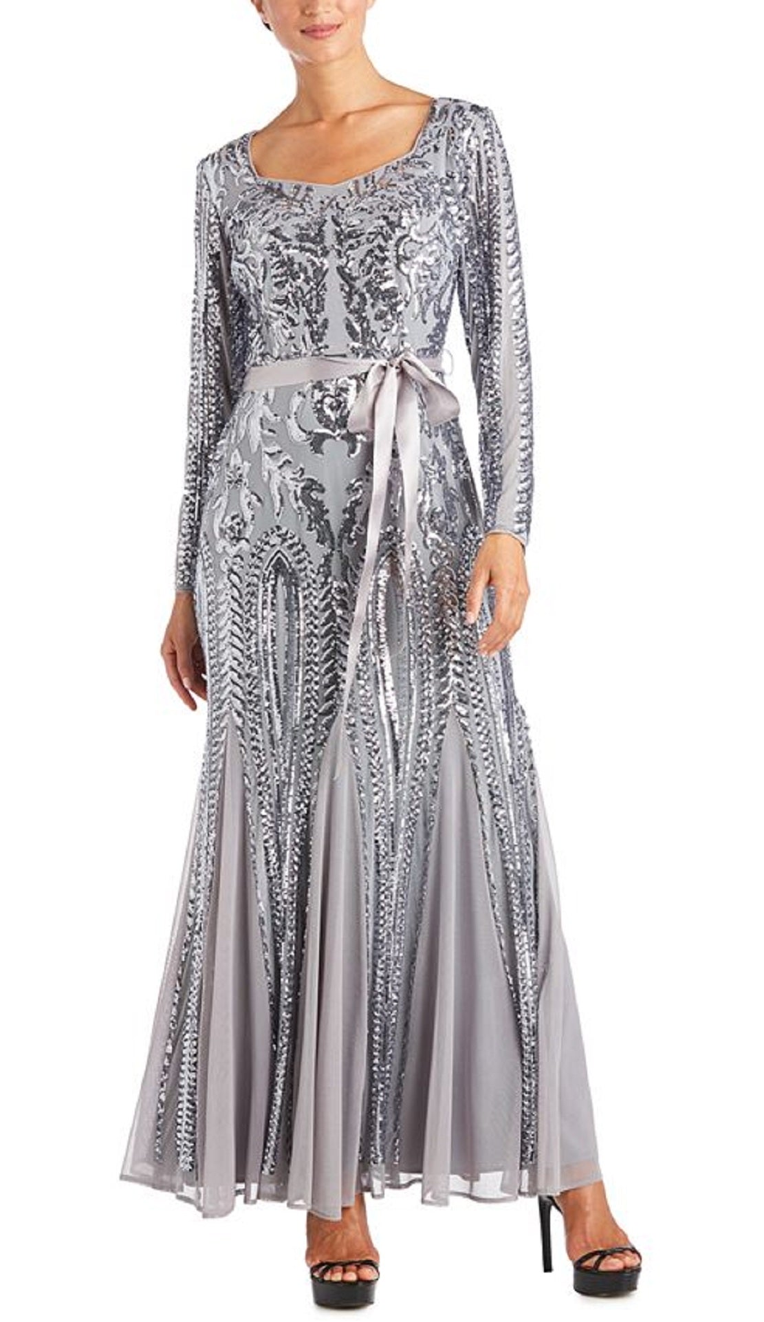 R & M Richards Women's Embellished Godet Gown Silver Size 12