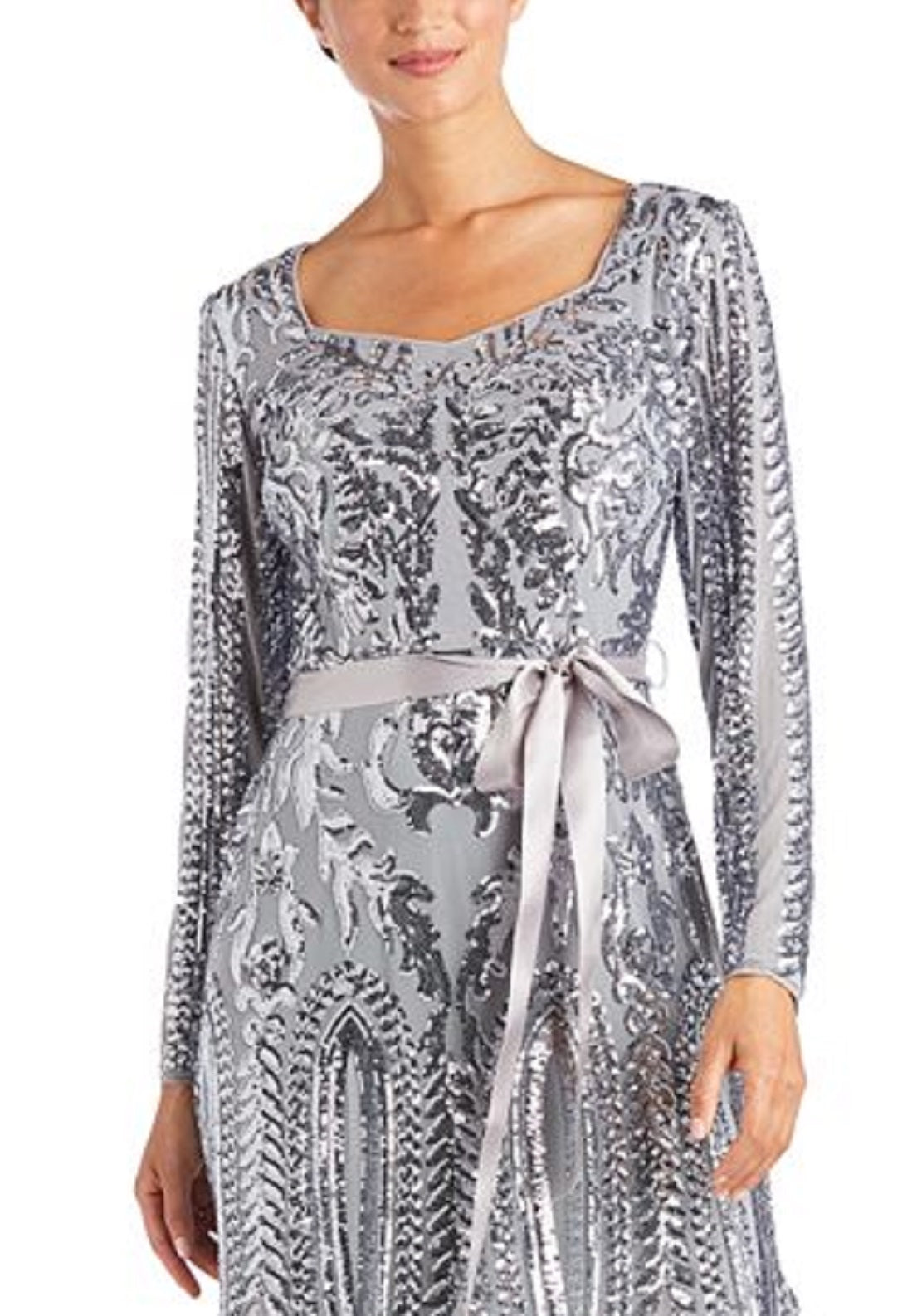 R & M Richards Women's Embellished Godet Gown Silver Size 12