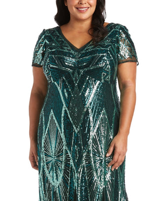 R & M Richards Women's Sequinned Beaded Long Dress Green Size 16W