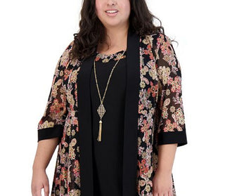 R & M Richards Women's 2 Pc Printed Jacket & Necklace Dress Black Size 16W