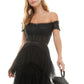 City Studios Junior's Off The Shoulder Tiered Mesh Gown Black Size 9