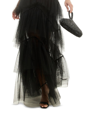 City Studios Junior's Off The Shoulder Tiered Mesh Gown Black Size 9