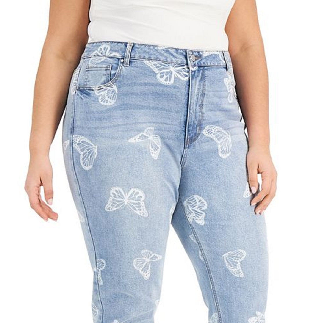 Tinseltown Trendy Women's Butterfly Print Mom Jeans Blue Size 18W