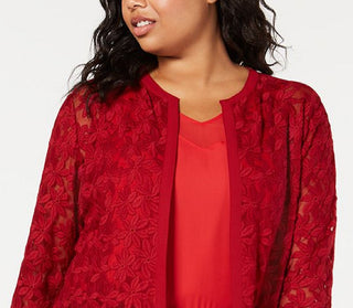 Anne Klein Women's Bonded Lace Cardigan Jacket Red Size 18W