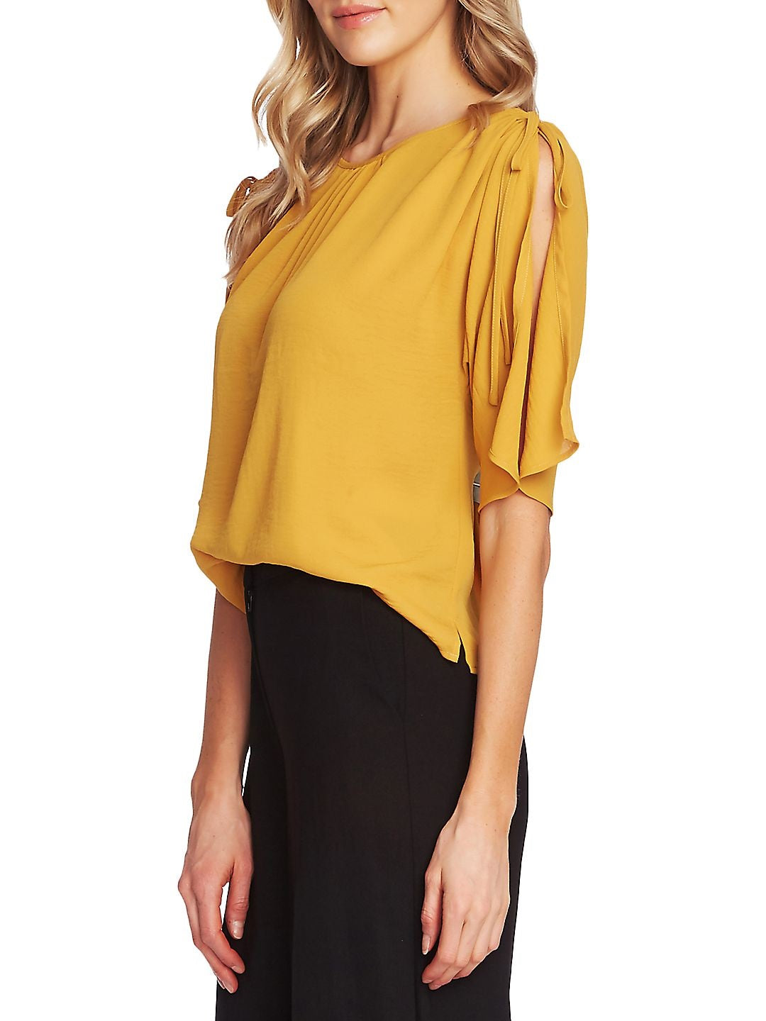 Vince Camuto Women's Gathered Tie Shoulder Blouse Yellow Size Small
