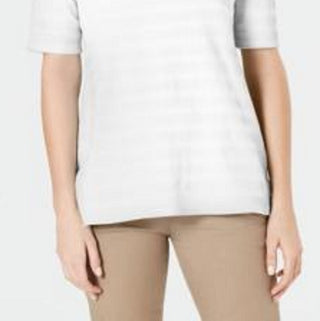 Charter Club Women's Cotton Texture Striped Elbow Sleeve Top White Size Medium