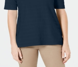 Charter Club Women's Cotton Texture Striped Elbow Sleeve Top Blue Size XX-Large