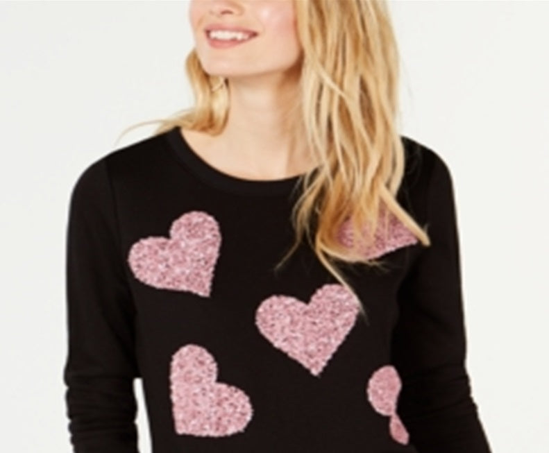 INC International Concepts Women's Sequin Heart Sweatshirt Black Size X-Small
