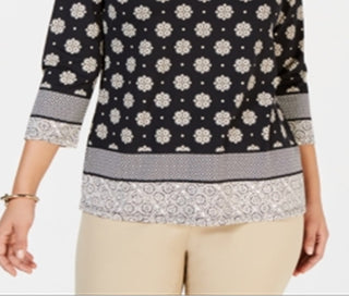 Charter Club Women's Printed Boat Neck Top Black Size Medium