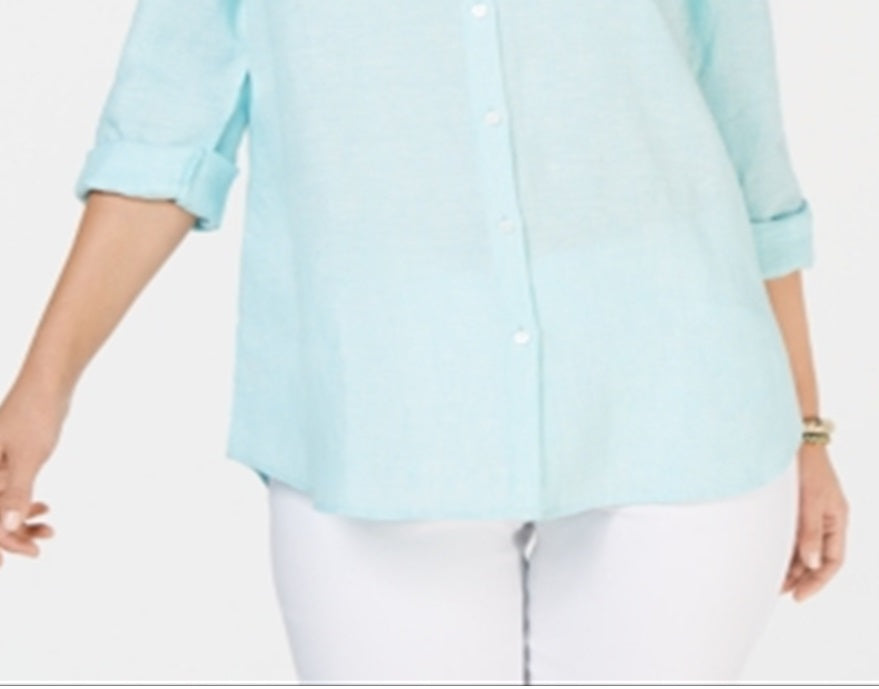Charter Club Women's Linen Shirt Blue Size Small