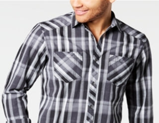 INC International Concepts Men's Aaron Cotton Plaid Button Down Shirt -Black Size X-Small
