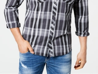 INC International Concepts Men's Aaron Cotton Plaid Button Down Shirt -Black Size X-Small