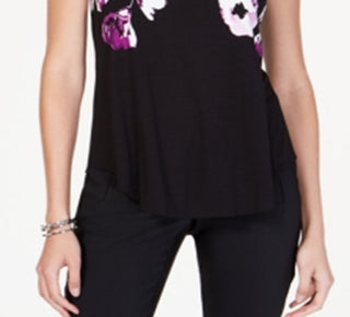 Alfani Women's Printed Round-Hem T-Shirt Black Size Petite S