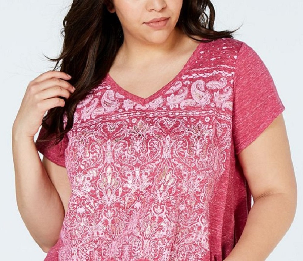 Style & Co Women's Plus Printed Short Sleeves T-Shirt Pink Size 0X
