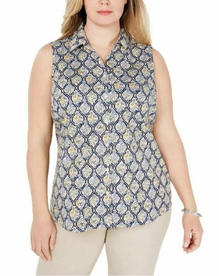 Charter Club Women's Floral Sleeveless Button Up Top Yellow Size 10 Petite