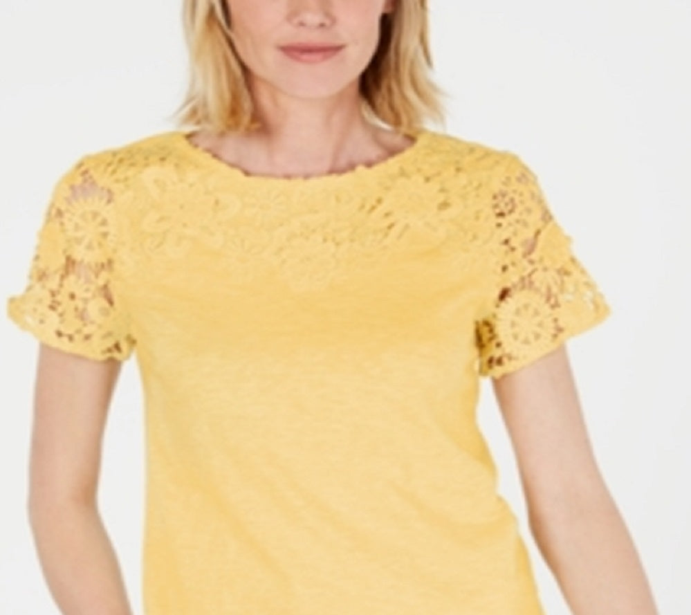 Charter Club Women's Cotton Lace Embellished T-Shirt Yellow Size XX-Large
