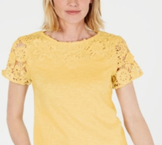 Charter Club Women's Cotton Lace Embellished T-Shirt Yellow Size XX-Large