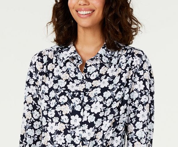Charter Club Women's Floral 3/4 Sleeve Blouse Top Blue Size Medium