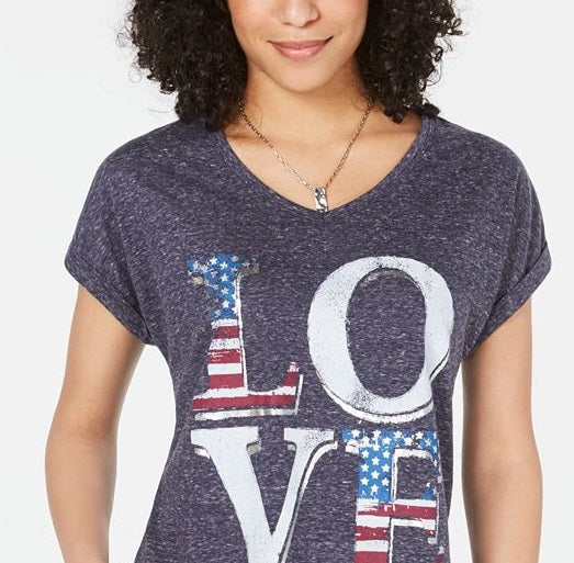 Style & Co Women's Heather Printed Short Sleeve V Neck T-Shirt Top Blue Size Small