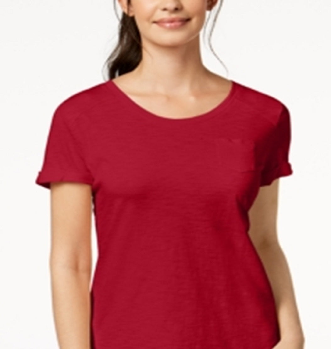 Style & Co Women's V Neck Pocket T-Shirt Red Size Petite