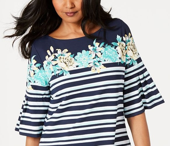 Charter Club Women's Printed Bell Sleeve Jewel Neck Top Blue Size Small