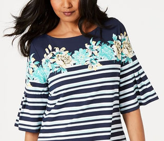 Charter Club Women's Printed Bell Sleeve Jewel Neck Top Blue Size Small