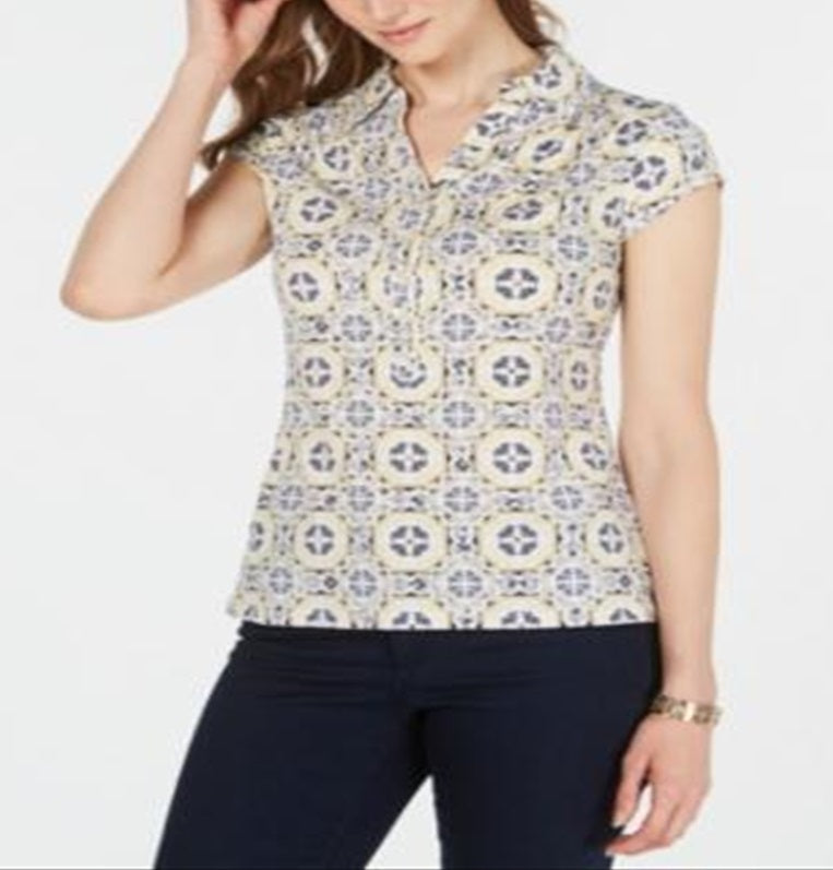 Charter Club Women's Printed Polo Top Yellow Size Small