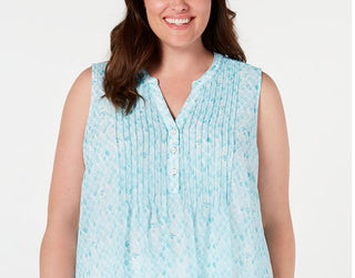 Charter Club Women's Plus Pleated Shell Blouse Blue Size 1X