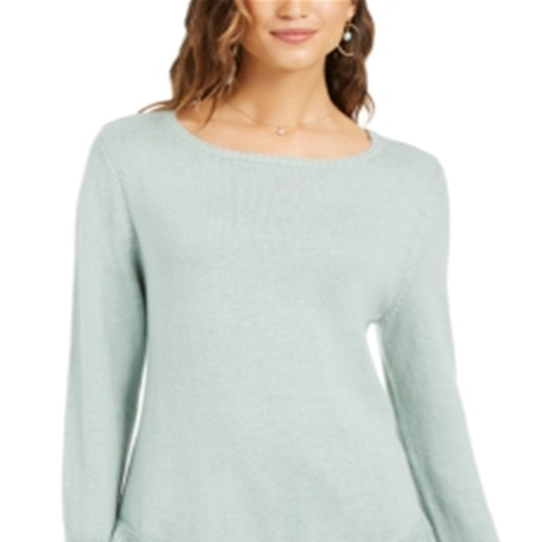 Style & Co Women's Ribbed Patterned Long Sleeve Jewel Neck Blouse Sweater Green Size Petite X-Large