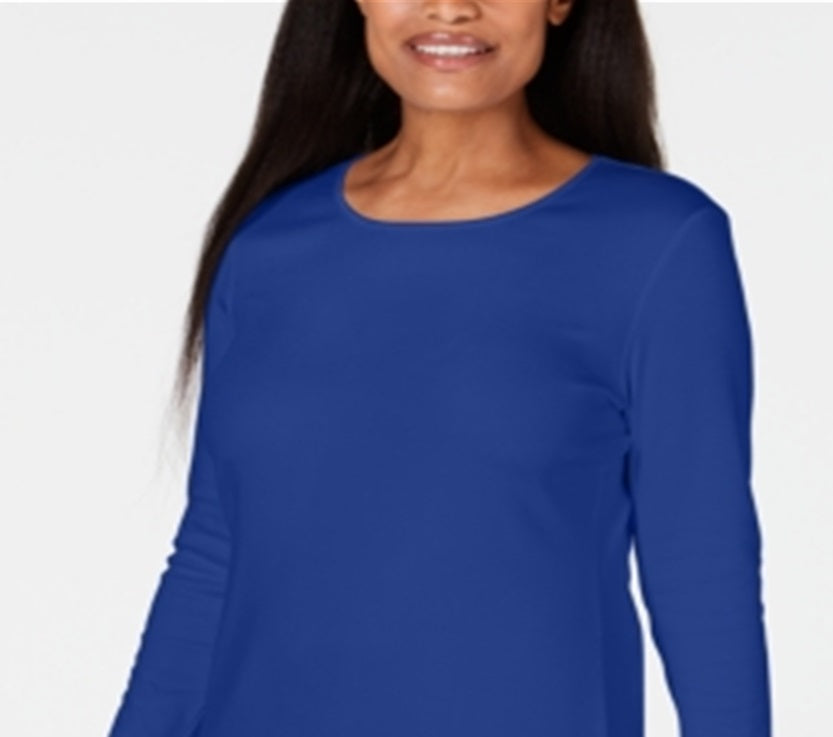 Karen Scott Women's Satin Trim Scoop Neck Top Blue Size Small