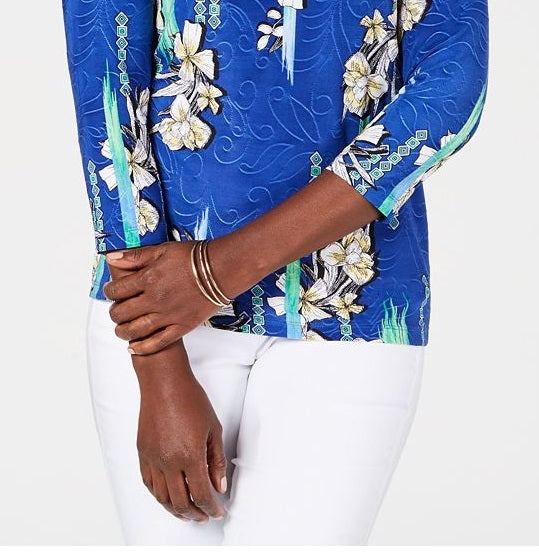 JM Collection Women's 3/4 Sleeve Printed Jacquard Top Blue Size Medium