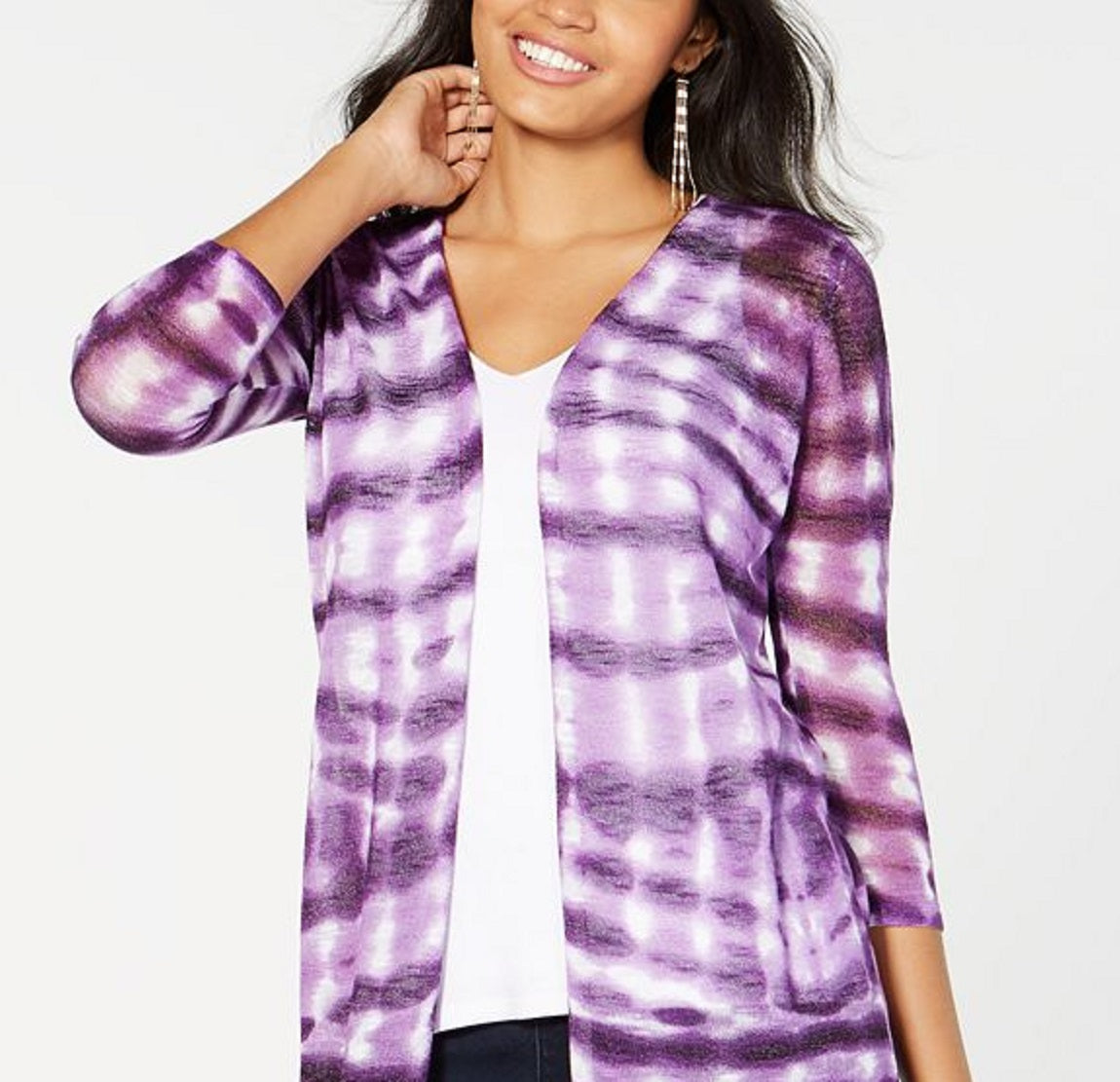 INC International Concepts Women's Sheer Slitted Tie Dye Open Cardigan Sweater Purple Size X-Large